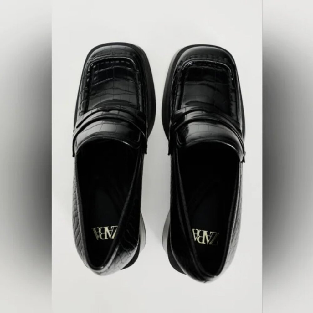 Zara Block Black Croc Heeled Loafers - Picture 4 of 8